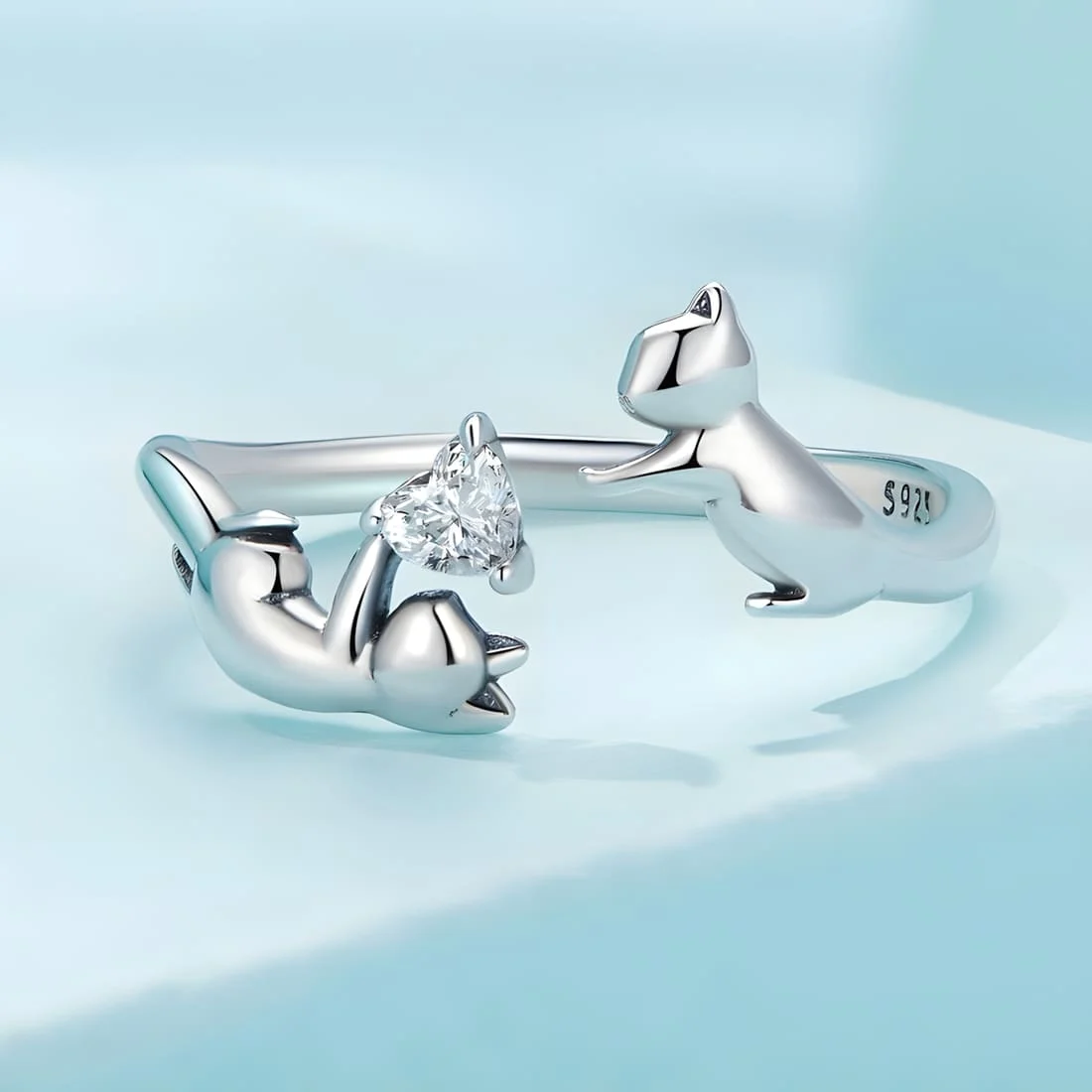 Anillo Gatos Juguetones <myexti><span>Plata de Ley 925, chapada en oro blanco, con circonita en forma de corazón - ajustable</span></myexti> - Imagen 3