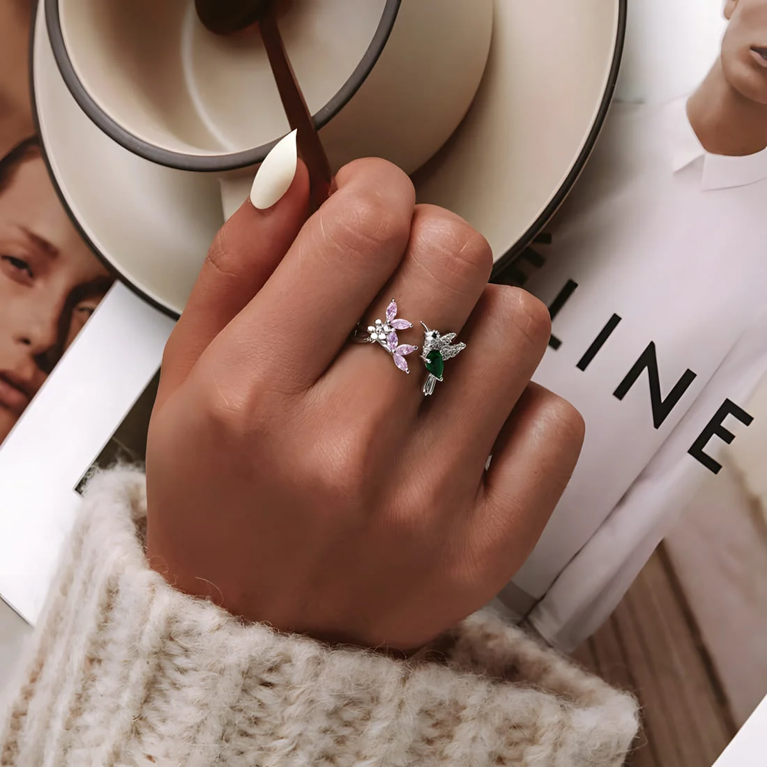 Anillo de Colibrí <myexti><span>Plata de Ley 925, chapada en oro blanco, con circonitas de colores - ajustable</span></myexti> - Imagen 5