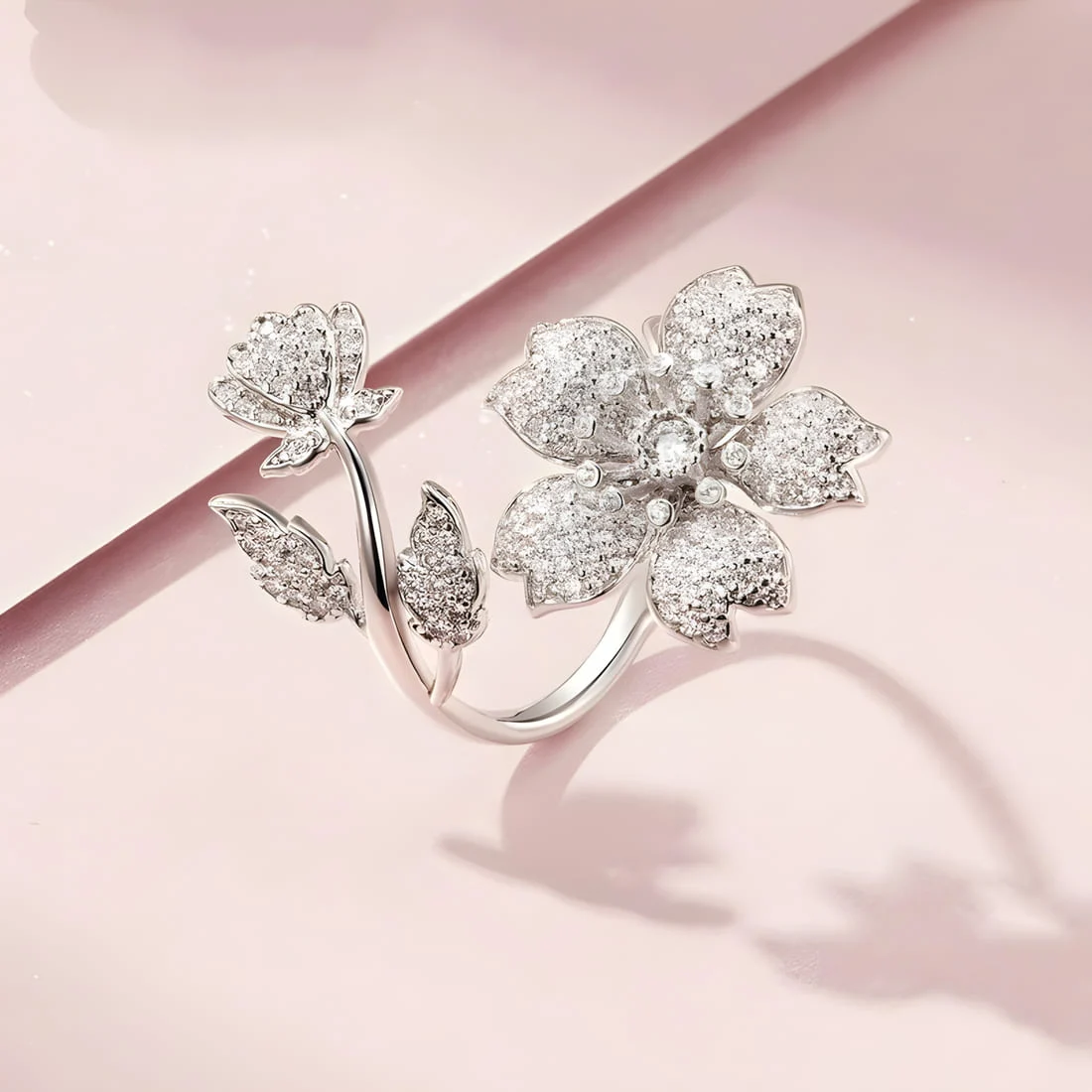 Anillo Sakura Brillante <myexti><span>Plata de Ley 925, chapada en oro blanco, con circonitas - ajustable</span></myexti> - Imagen 3