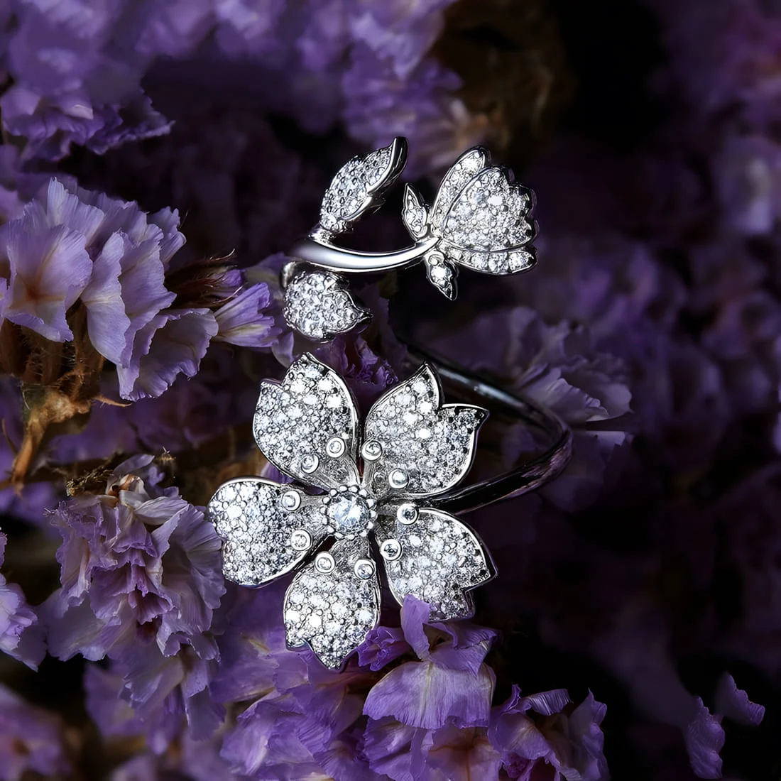 Anillo Sakura Brillante <myexti><span>Plata de Ley 925, chapada en oro blanco, con circonitas - ajustable</span></myexti> - Imagen 5