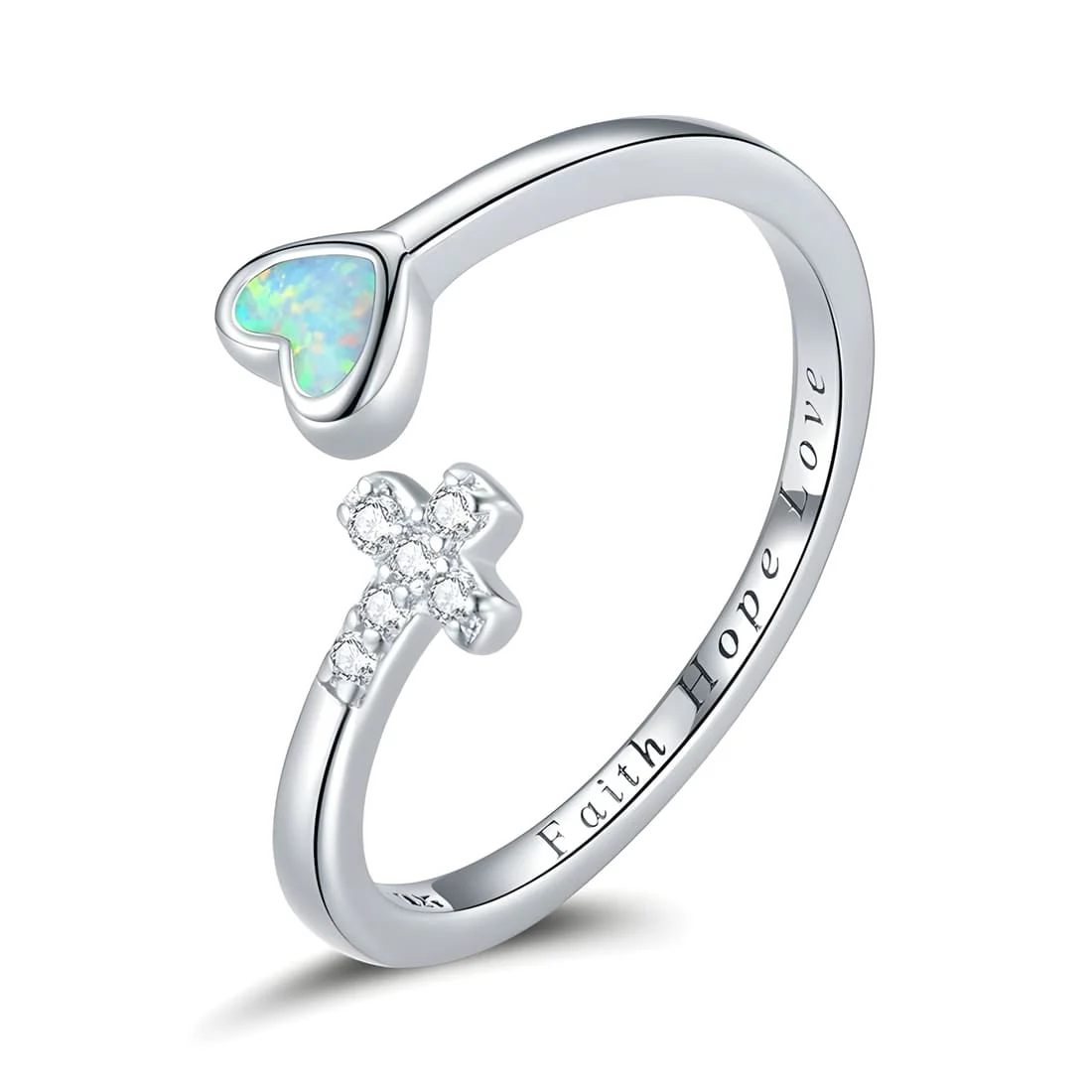 Anillo de Corazón y Cruz <myexti><span>Plata de Ley 925, chapada en oro blanco, con ópalo en forma de corazón y circonitas - ajustable</span></myexti>