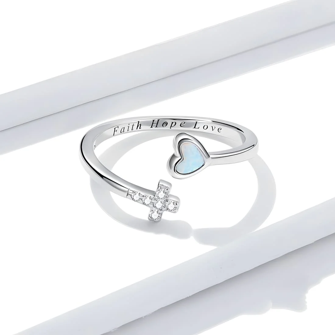 Anillo de Corazón y Cruz <myexti><span>Plata de Ley 925, chapada en oro blanco, con ópalo en forma de corazón y circonitas - ajustable</span></myexti> - Imagen 4