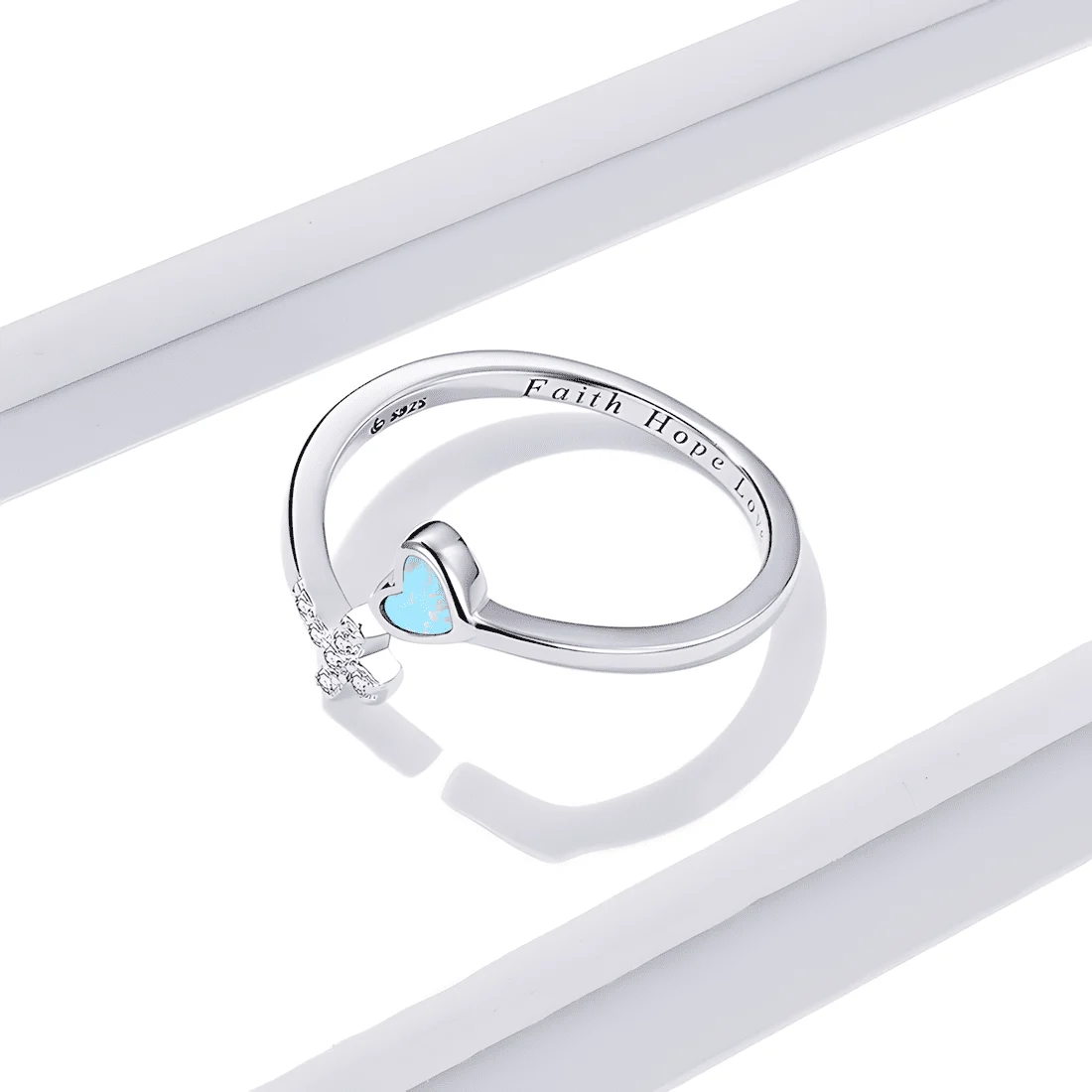 Anillo de Corazón y Cruz <myexti><span>Plata de Ley 925, chapada en oro blanco, con ópalo en forma de corazón y circonitas - ajustable</span></myexti> - Imagen 5