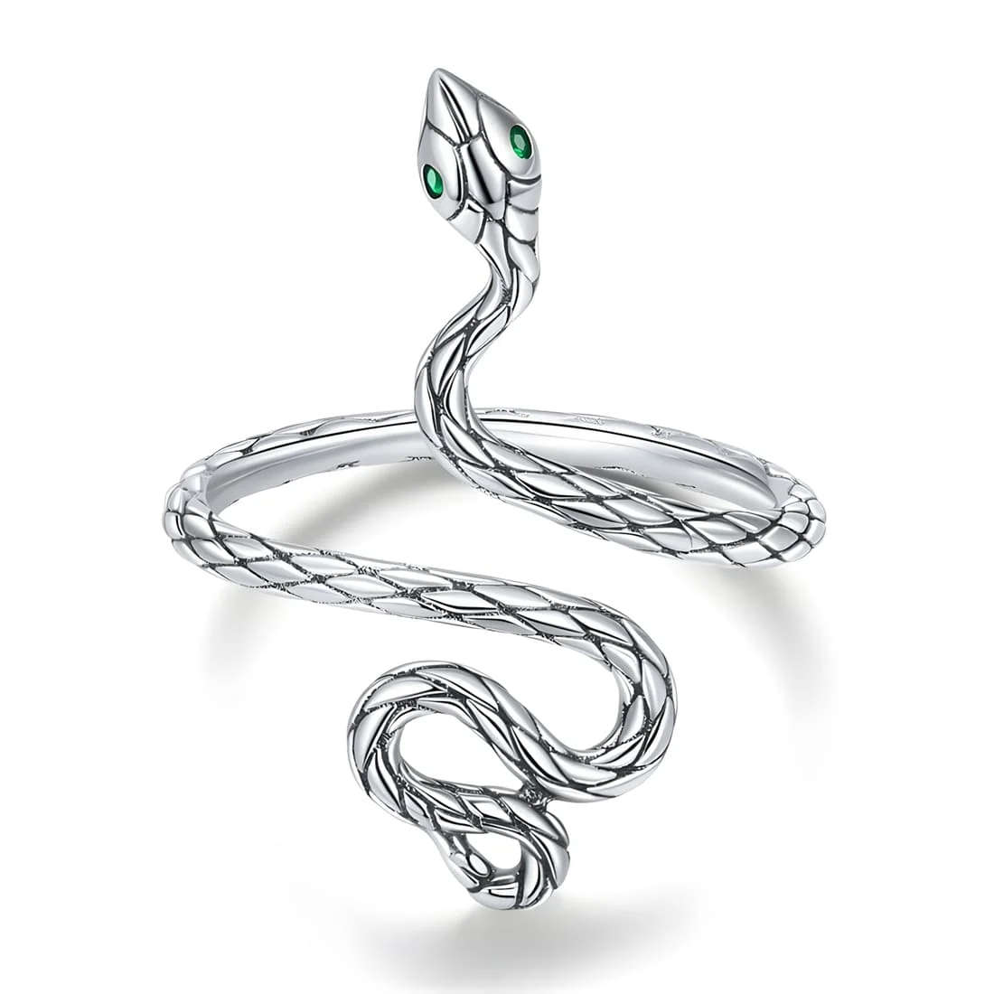 Anillo de Serpiente Pitón <myexti><span>Plata de Ley 925, chapada en oro blanco, con circonitas verdes - ajustable</span></myexti>