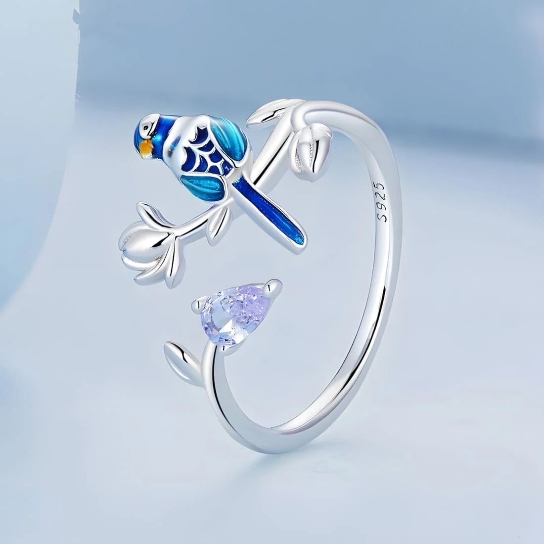 Anillo de Pájaro Azul <myexti><span>Plata de Ley 925, chapada en oro blanco, esmaltado a mano, con circonitas púrpuras - ajustable</span></myexti> - Imagen 3