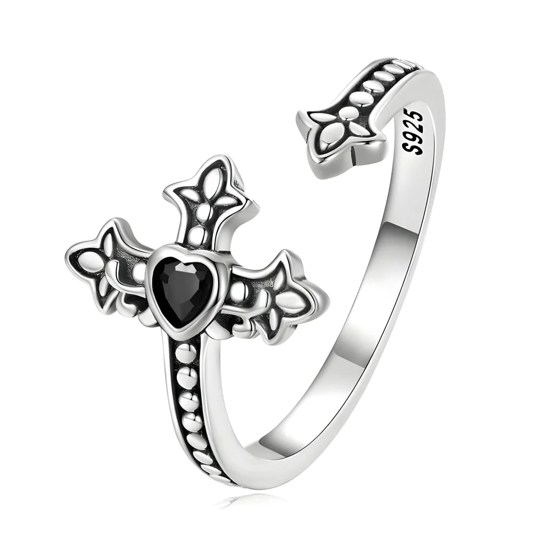 Anillo Cruz con Corazón Negro <myexti><span>Plata de Ley 925, chapada en oro blanco, con circonitas negras - ajustable</span></myexti>