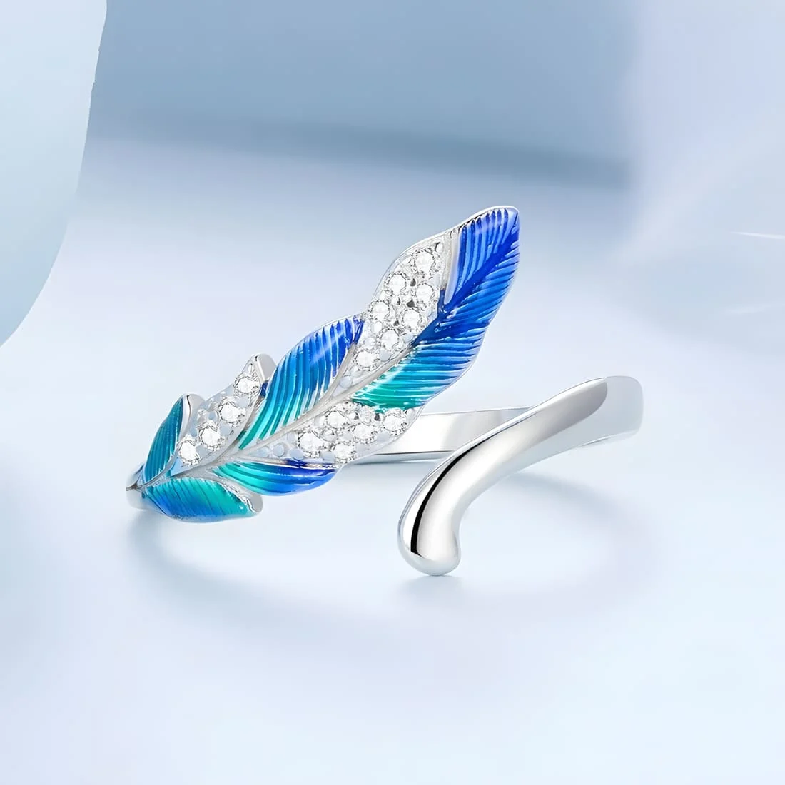 Anillo de Pluma <myexti><span>Plata de Ley 925, chapada en oro blanco, esmaltado a mano, con circonitas - ajustable</span></myexti> - Imagen 4