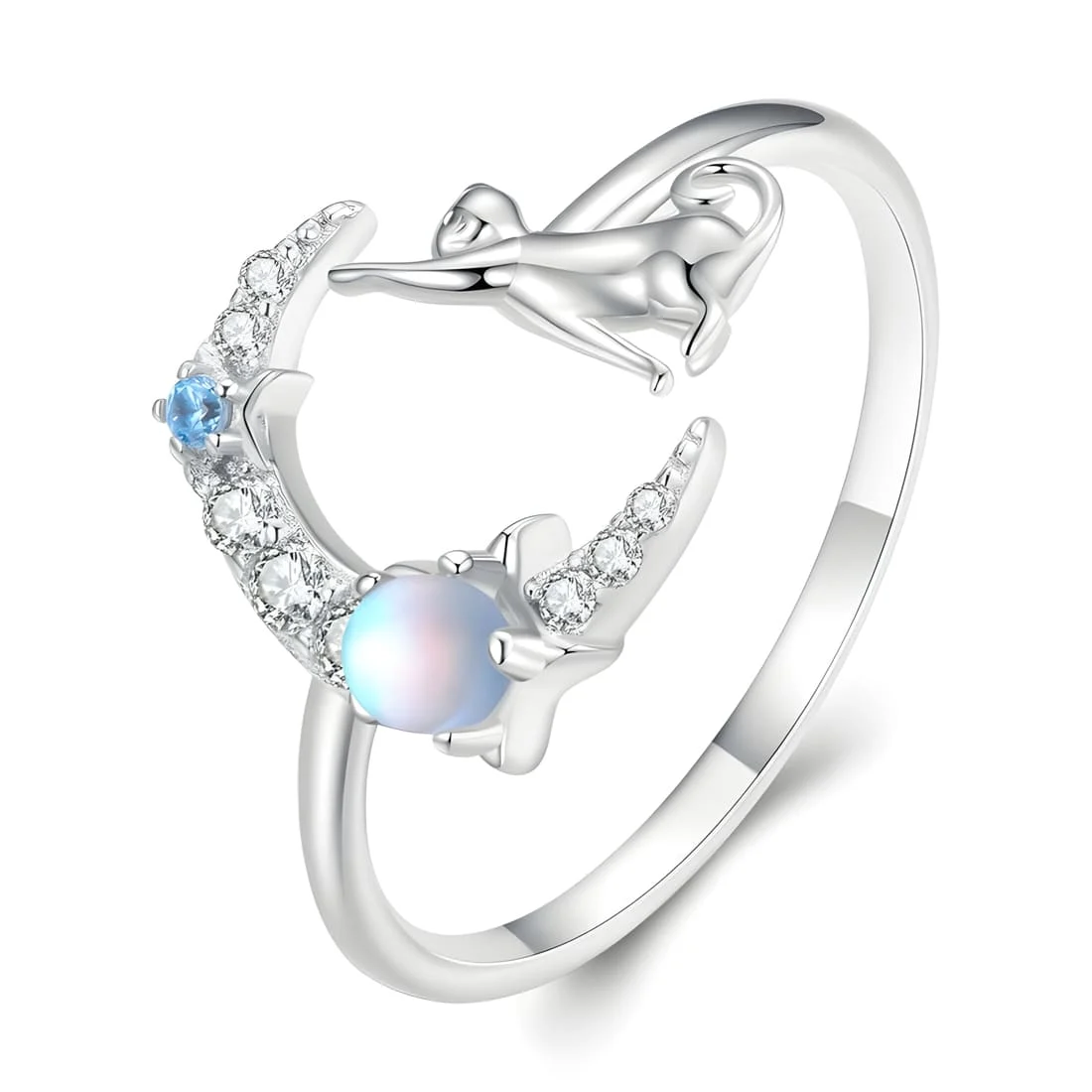 Anillo de Gato y Luna <myexti><span>Plata de Ley 925, chapada en oro blanco, con circonitas y piedra lunar - ajustable</span></myexti>
