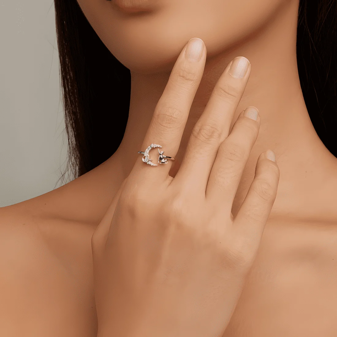 Anillo de Gato y Luna <myexti><span>Plata de Ley 925, chapada en oro blanco, con circonitas y piedra lunar - ajustable</span></myexti> - Imagen 2