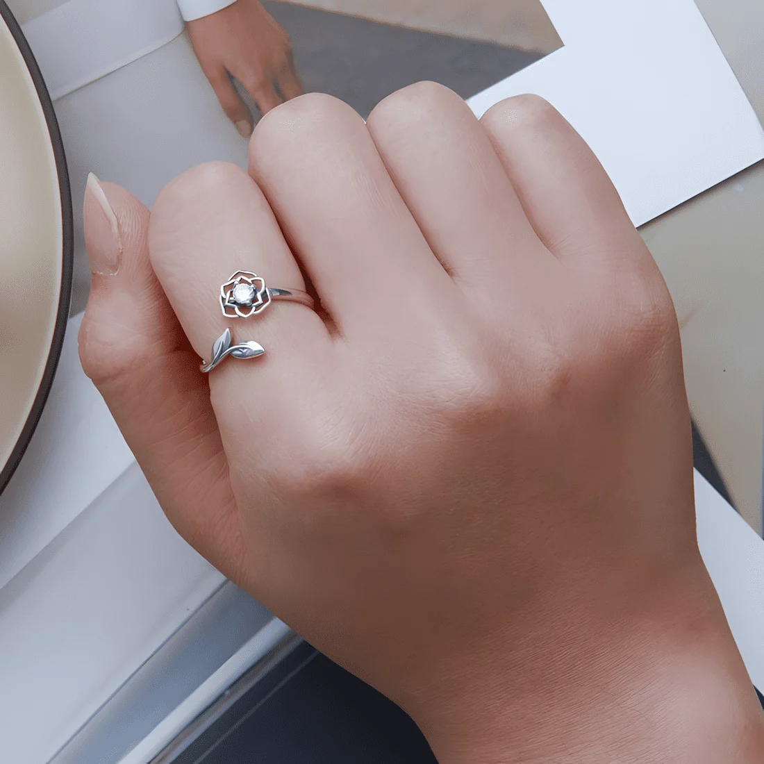 Anillo de Rosa <myexti><span>Plata de Ley 925, chapada en oro blanco, con circonitas - ajustable</span></myexti> - Imagen 5