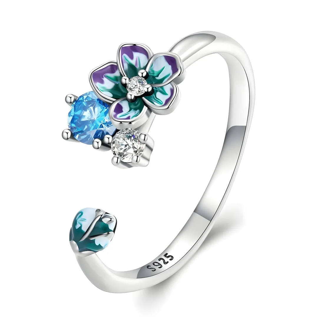 Anillo de Flores <myexti><span>Plata de Ley 925, chapada en oro blanco, esmaltado a mano, con circonitas blancas y azules claras - ajustable</span></myexti>
