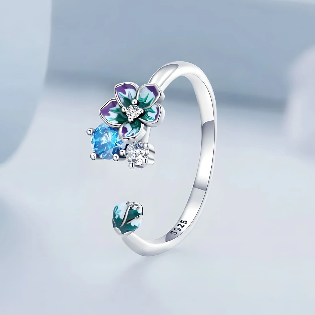 Anillo de Flores <myexti><span>Plata de Ley 925, chapada en oro blanco, esmaltado a mano, con circonitas blancas y azules claras - ajustable</span></myexti> - Imagen 3