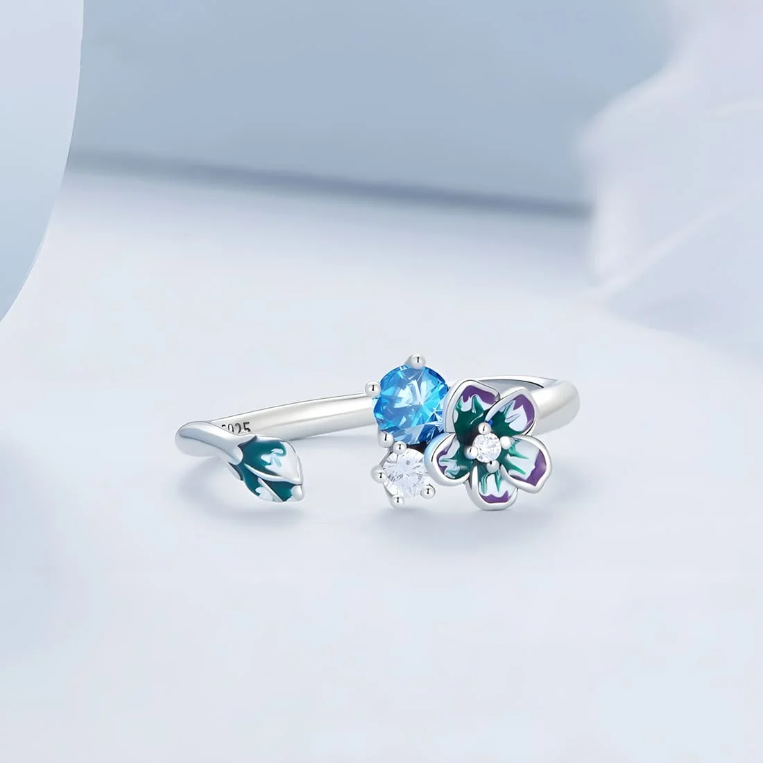 Anillo de Flores <myexti><span>Plata de Ley 925, chapada en oro blanco, esmaltado a mano, con circonitas blancas y azules claras - ajustable</span></myexti> - Imagen 4