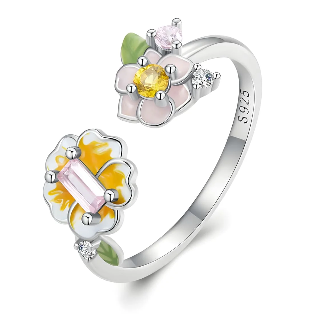 Anillo de Flores <myexti><span>Plata de Ley 925, chapada en oro blanco, esmaltado a mano, con circonitas de colores - ajustable</span></myexti>