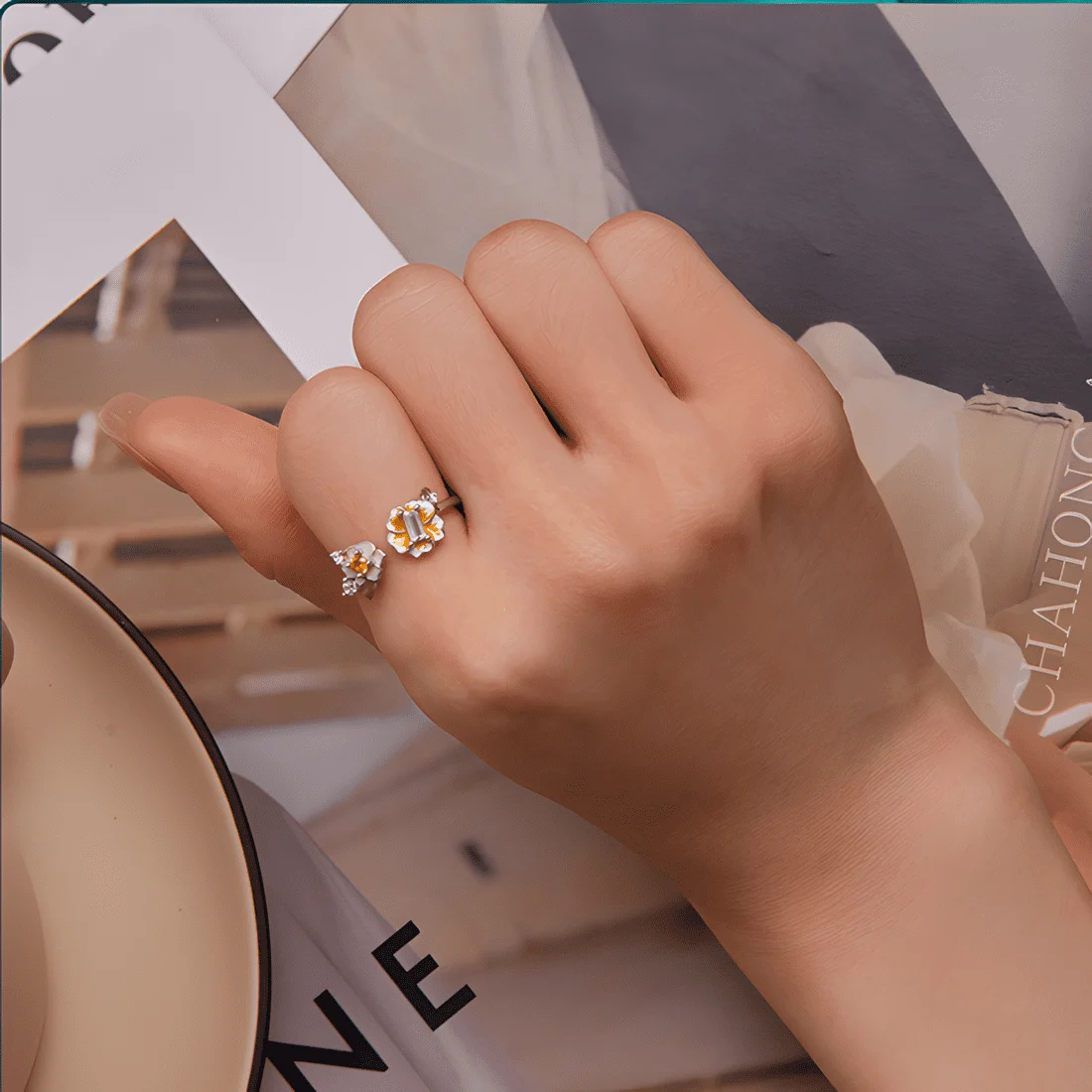 Anillo de Flores <myexti><span>Plata de Ley 925, chapada en oro blanco, esmaltado a mano, con circonitas de colores - ajustable</span></myexti> - Imagen 5