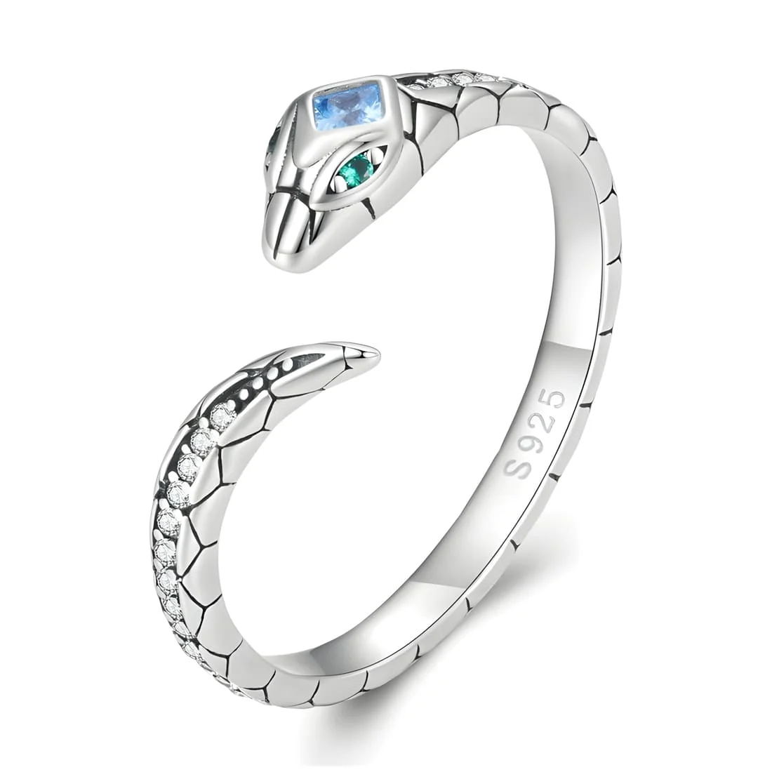 Anillo de Serpiente <myexti><span>Plata de Ley 925, chapada en oro blanco, con circonitas blancas y azules y ojos verdes - ajustable</span></myexti>