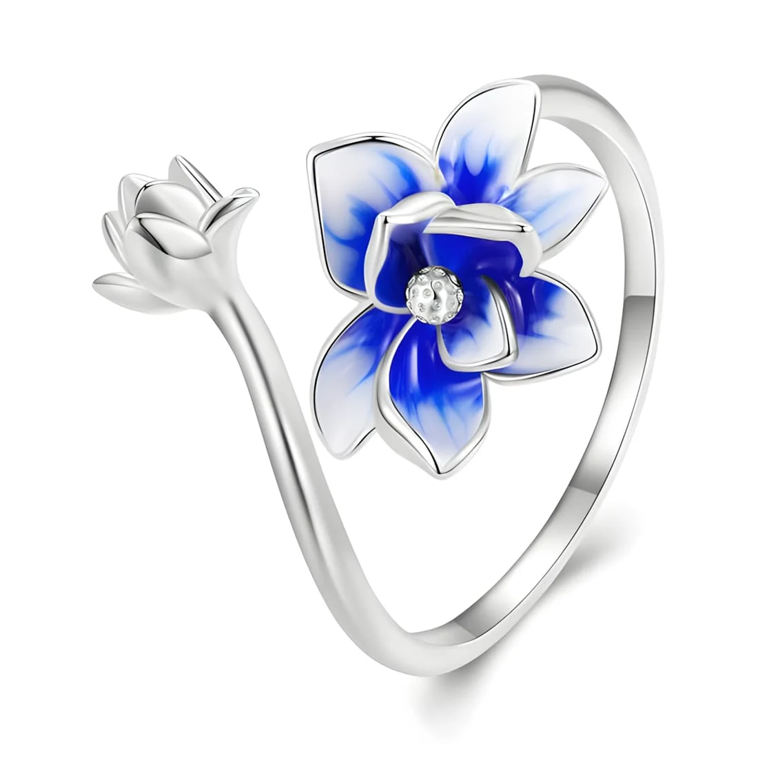 Anillo de Flor de Loto <myexti><span>Plata de Ley 925, chapada en oro blanco, con detalles esmaltados a mano en azul y blanco - ajustable</span></myexti>