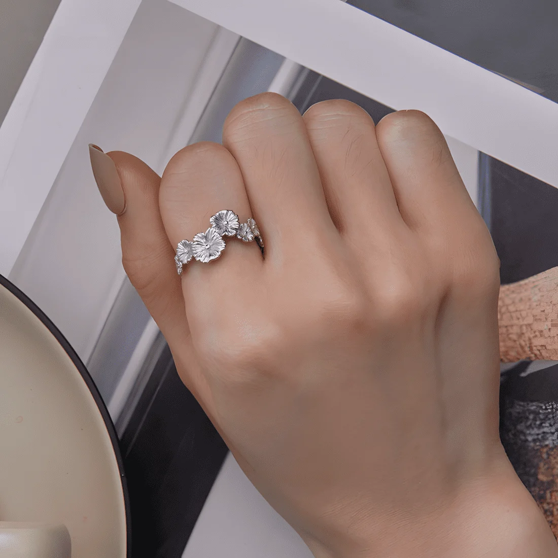 Anillo de Margaritas <myexti><span>Plata de Ley 925, chapada en oro blanco - ajustable</span></myexti> - Imagen 2