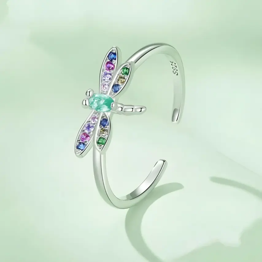 Anillo de Libélula <myexti><span>Plata de Ley 925, chapada en oro blanco, con circonitas de colores - ajustable</span></myexti> - Imagen 3