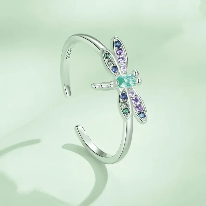 Anillo de Libélula <myexti><span>Plata de Ley 925, chapada en oro blanco, con circonitas de colores - ajustable</span></myexti> - Imagen 4