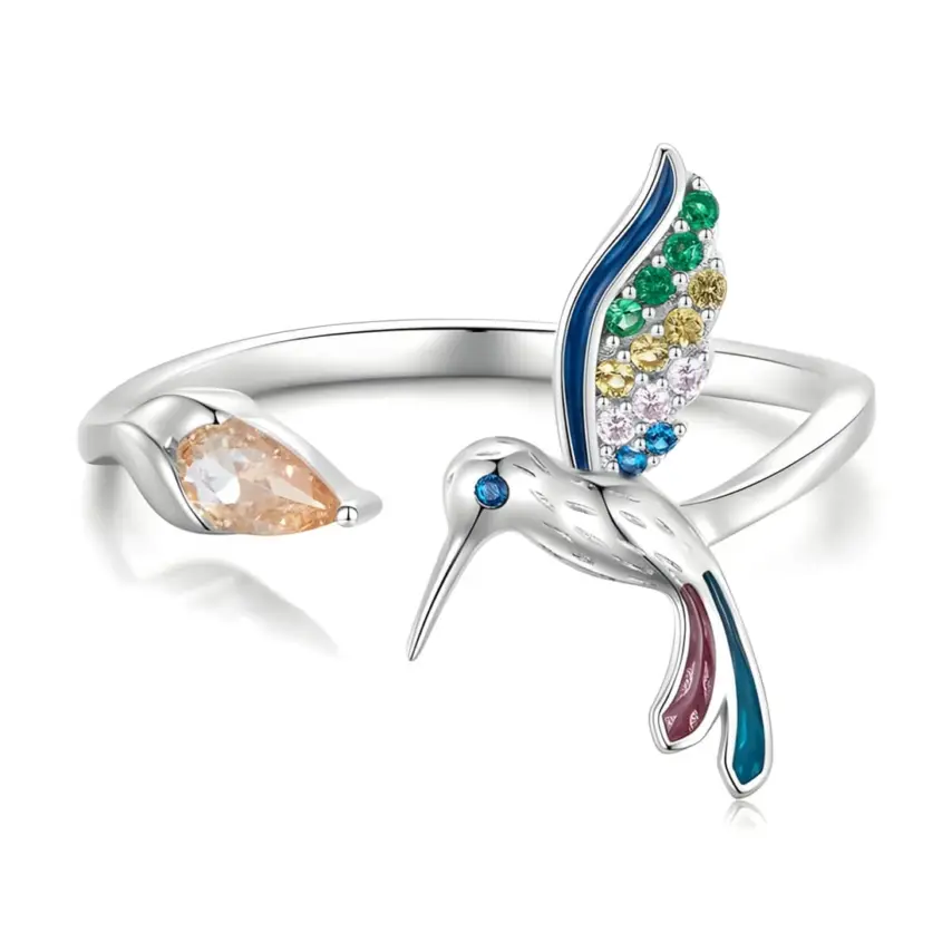 Anillo de Colibrí <myexti><span>Plata de Ley 925, chapada en oro blanco, con detalles esmaltados a mano y circonitas de colores - ajustable</span></myexti>