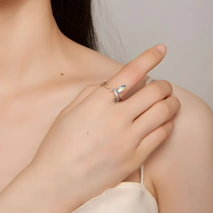 Anillo de Colibrí <myexti><span>Plata de Ley 925, chapada en oro blanco, con detalles esmaltados a mano y circonitas de colores - ajustable</span></myexti> - Imagen 2