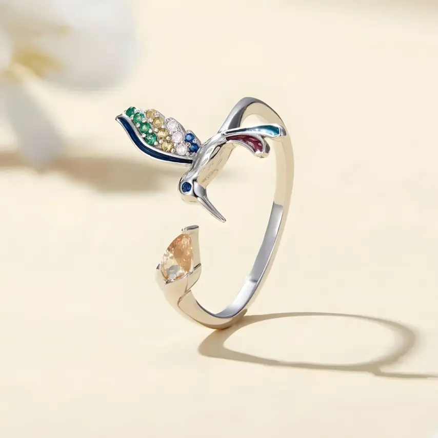 Anillo de Colibrí <myexti><span>Plata de Ley 925, chapada en oro blanco, con detalles esmaltados a mano y circonitas de colores - ajustable</span></myexti> - Imagen 3