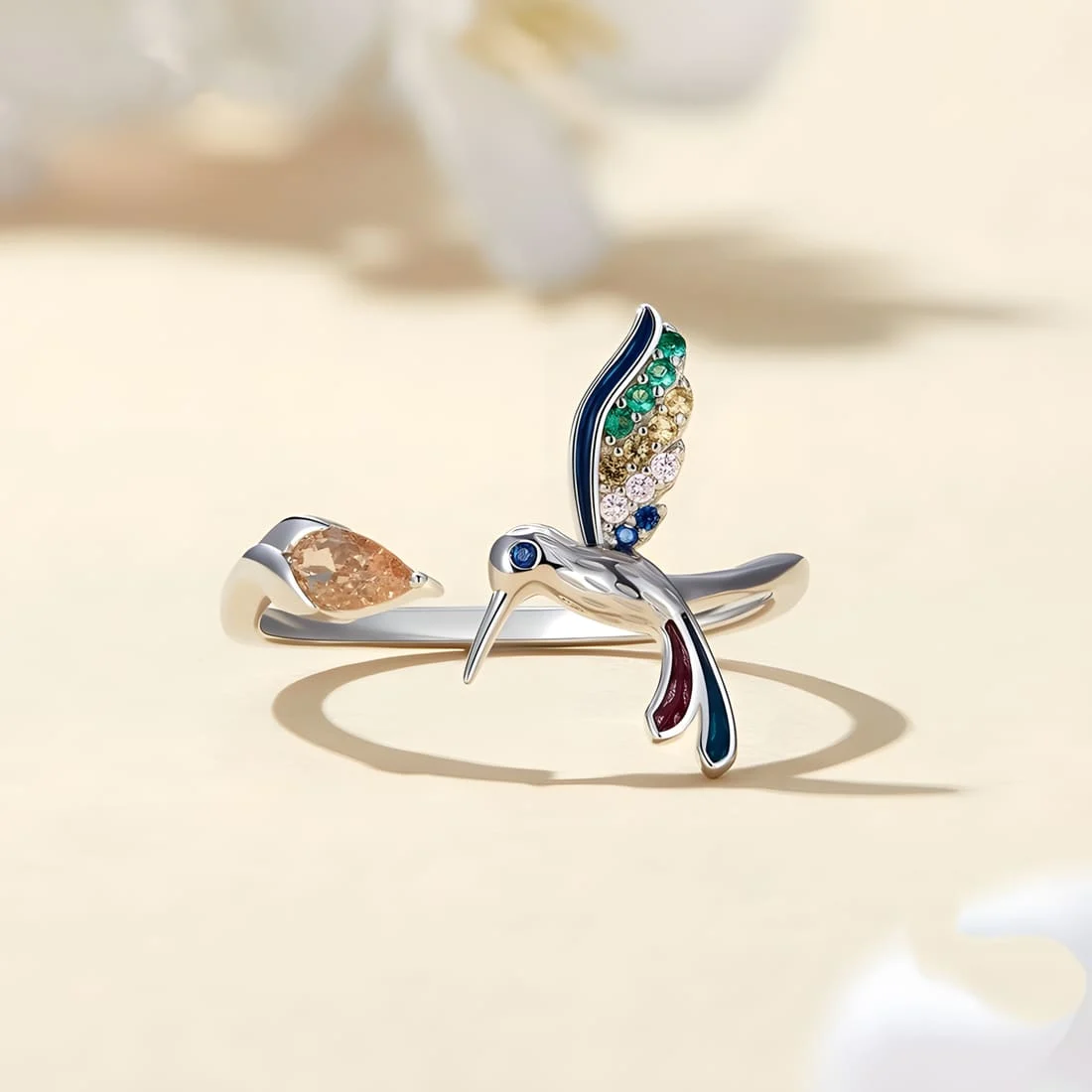 Anillo de Colibrí <myexti><span>Plata de Ley 925, chapada en oro blanco, con detalles esmaltados a mano y circonitas de colores - ajustable</span></myexti> - Imagen 4