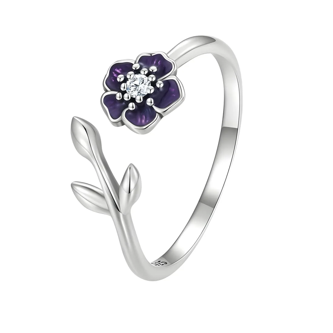 Anillo de Flor Púrpura <myexti><span>Plata de Ley 925, chapada en oro blanco, esmaltado a mano con circonitas - ajustable</span></myexti>