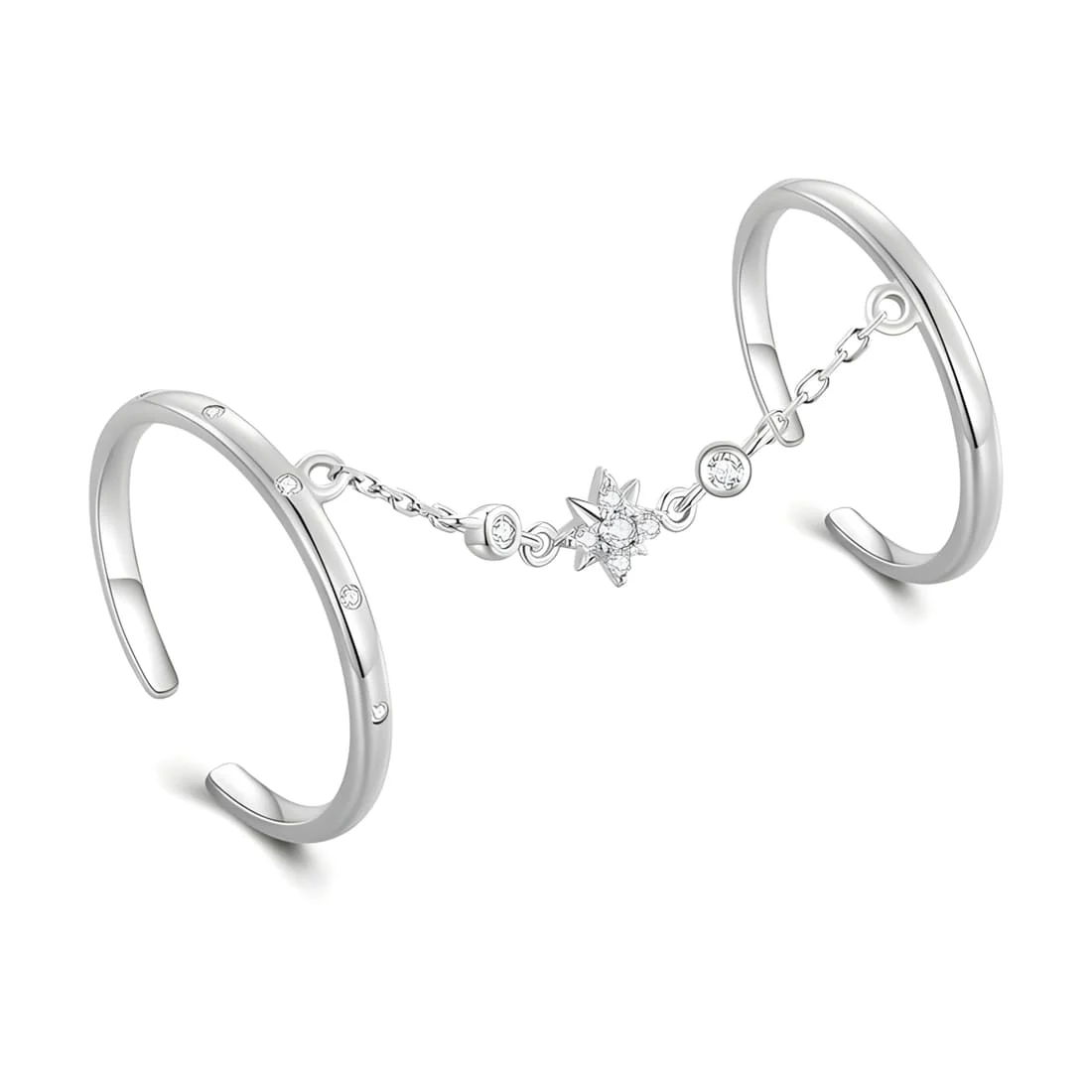 Anillo Doble con Estrella <myexti><span>Plata de Ley 925, chapada en oro blanco, con circonitas y cadena conectada - ajustable</span></myexti>