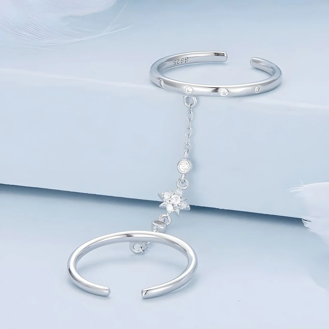 Anillo Doble con Estrella <myexti><span>Plata de Ley 925, chapada en oro blanco, con circonitas y cadena conectada - ajustable</span></myexti> - Imagen 3