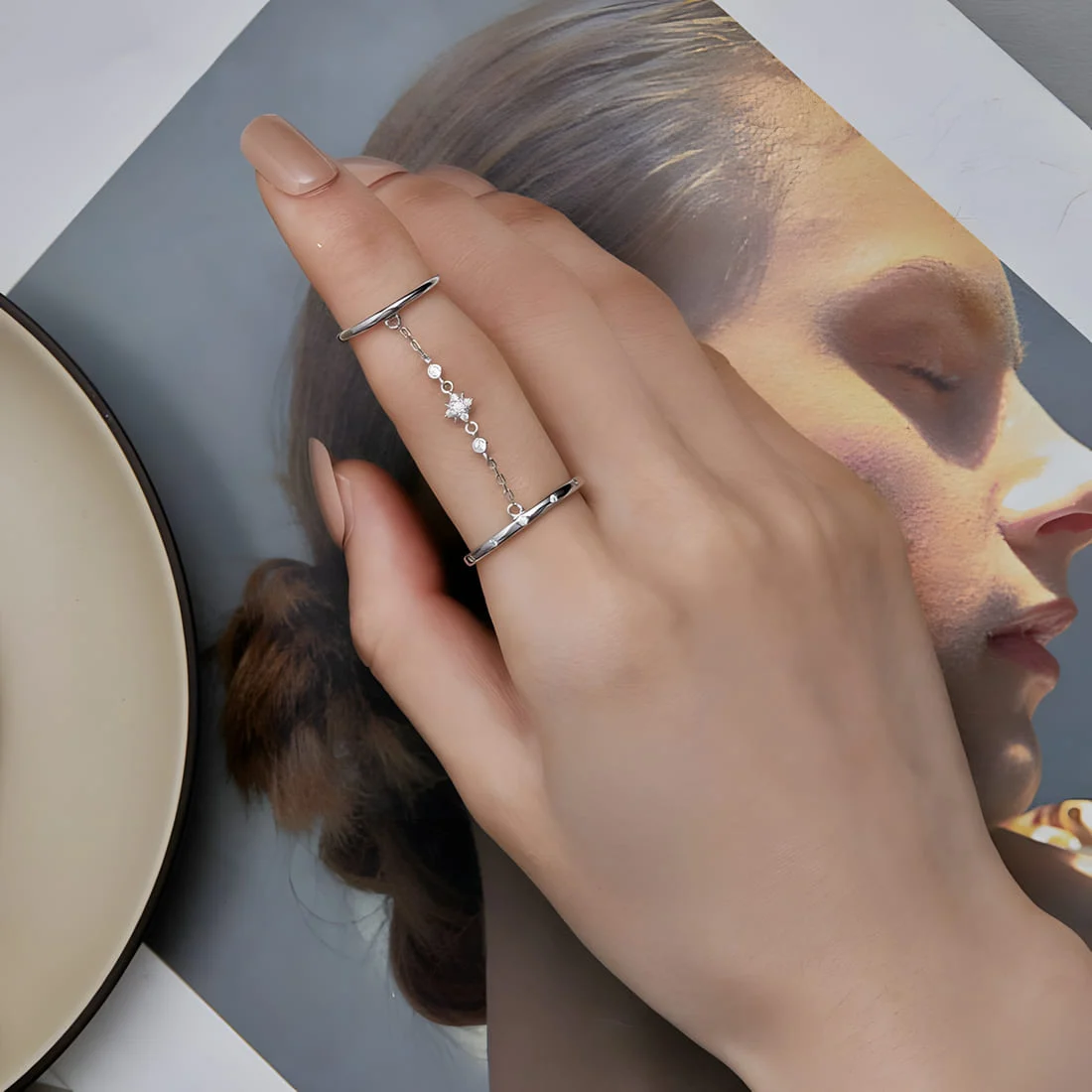 Anillo Doble con Estrella <myexti><span>Plata de Ley 925, chapada en oro blanco, con circonitas y cadena conectada - ajustable</span></myexti> - Imagen 5