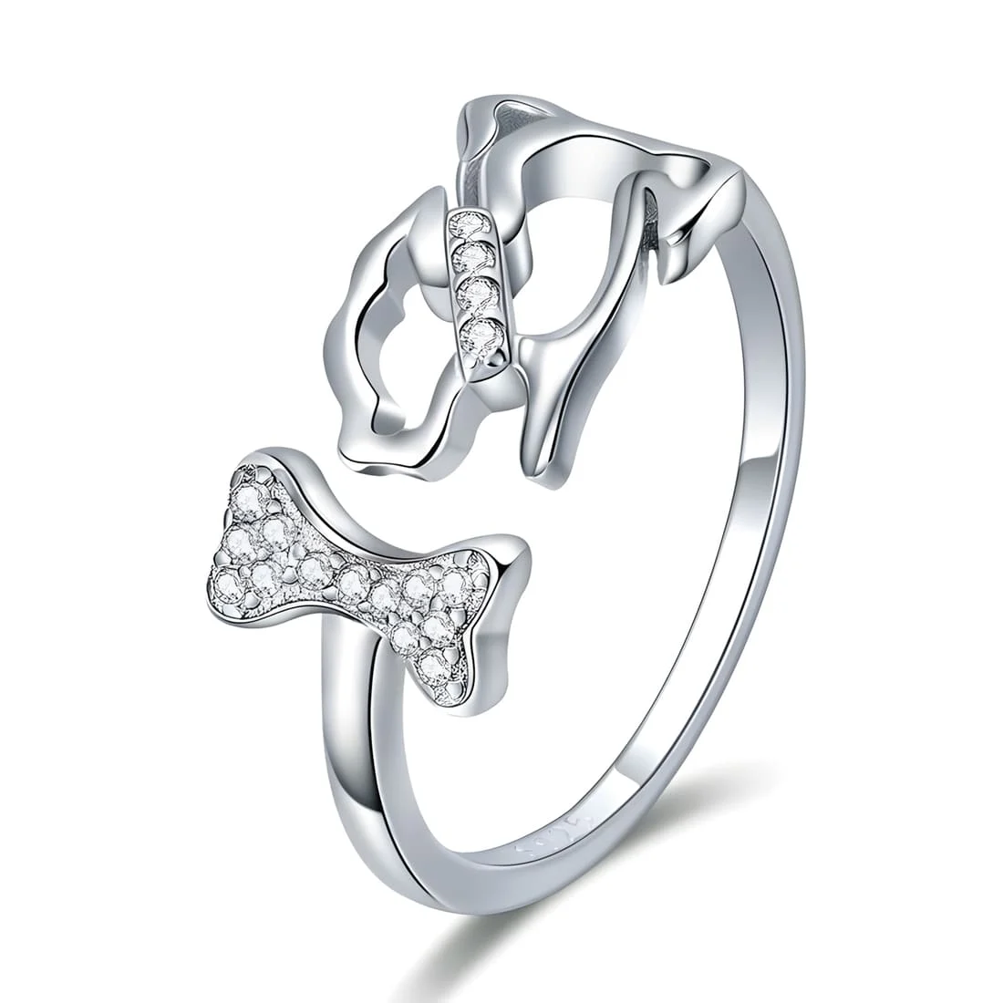 Anillo de Perro con Hueso <myexti><span>Plata de Ley 925, chapada en oro blanco, con circonitas - ajustable</span></myexti>