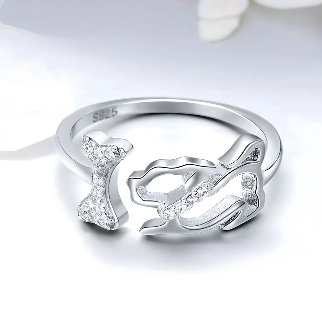 Anillo de Perro con Hueso <myexti><span>Plata de Ley 925, chapada en oro blanco, con circonitas - ajustable</span></myexti> - Imagen 2