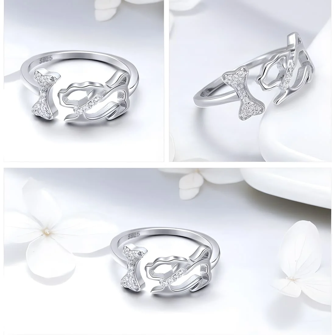 Anillo de Perro con Hueso <myexti><span>Plata de Ley 925, chapada en oro blanco, con circonitas - ajustable</span></myexti> - Imagen 4