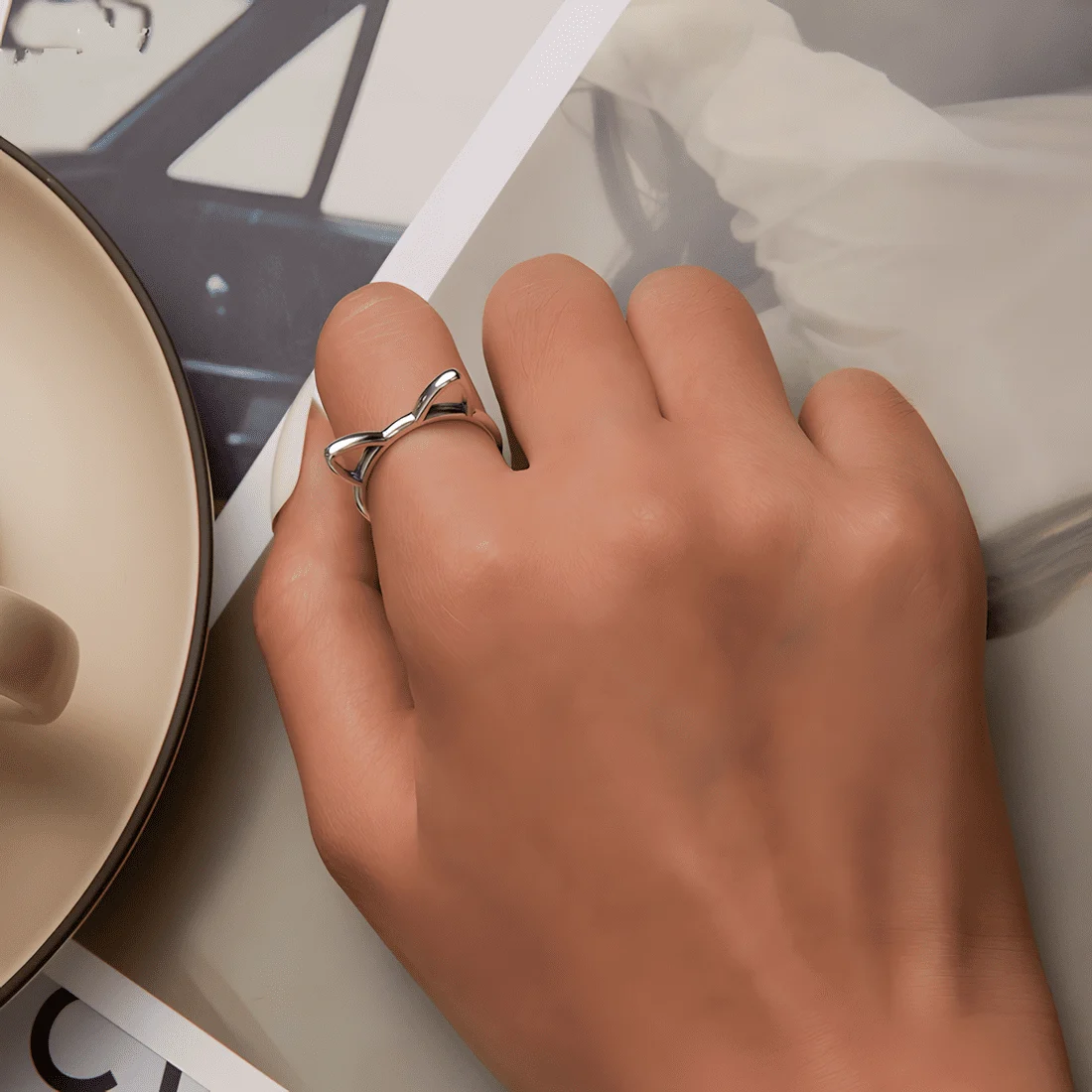 Anillo de Orejas de Gato <myexti><span>Plata de Ley 925, chapada en oro blanco - ajustable</span></myexti> - Imagen 2