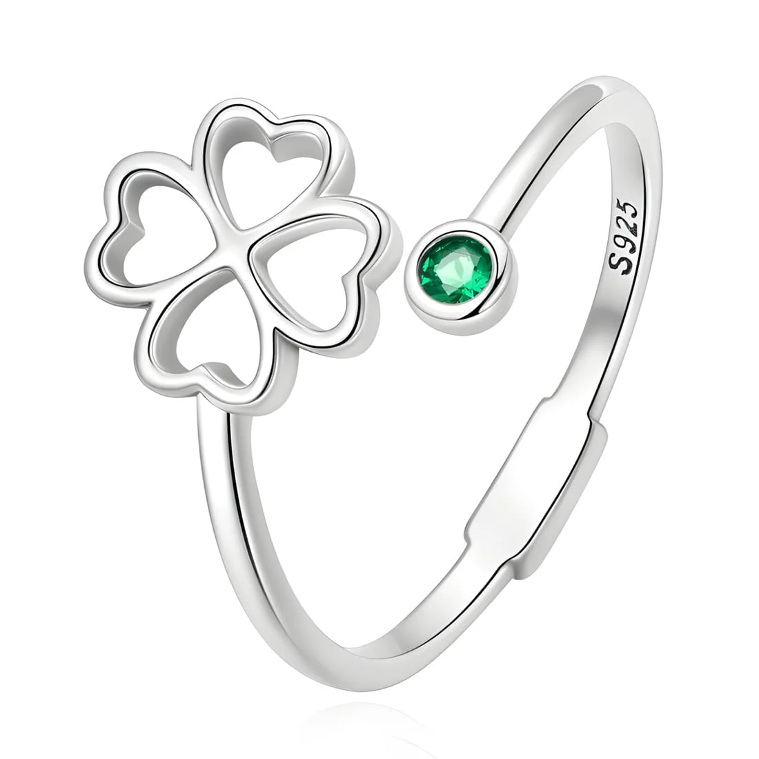 Anillo de Trébol de Cuatro Hojas <myexti><span>Plata de Ley 925, chapada en oro blanco, con circonitas verdes - ajustable</span></myexti>