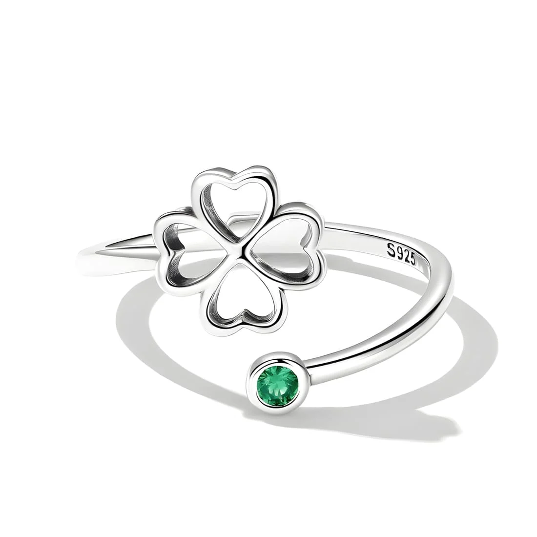 Anillo de Trébol de Cuatro Hojas <myexti><span>Plata de Ley 925, chapada en oro blanco, con circonitas verdes - ajustable</span></myexti> - Imagen 3