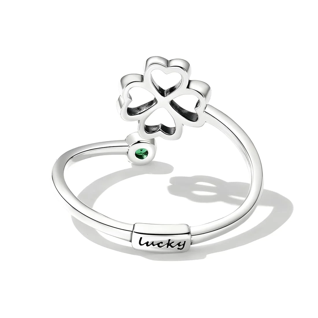 Anillo de Trébol de Cuatro Hojas <myexti><span>Plata de Ley 925, chapada en oro blanco, con circonitas verdes - ajustable</span></myexti> - Imagen 4