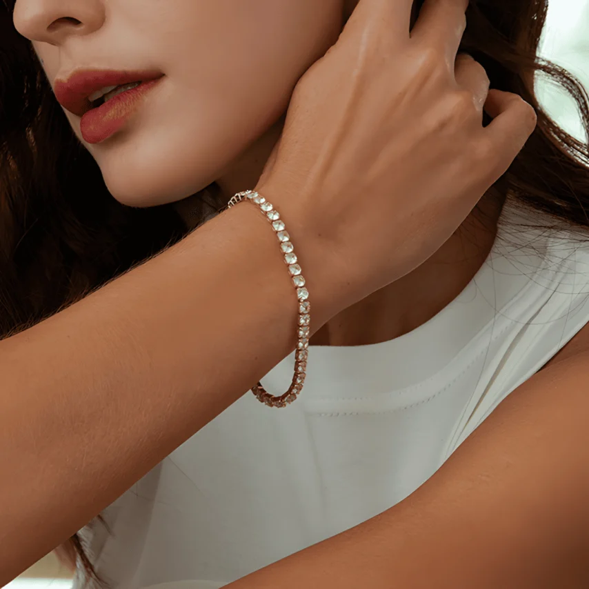 Pulsera de Tenis <myexti><span>Acero inoxidable, chapada en oro blanco, con circonitas rosas - 19 cm</span></myexti> - Imagen 4