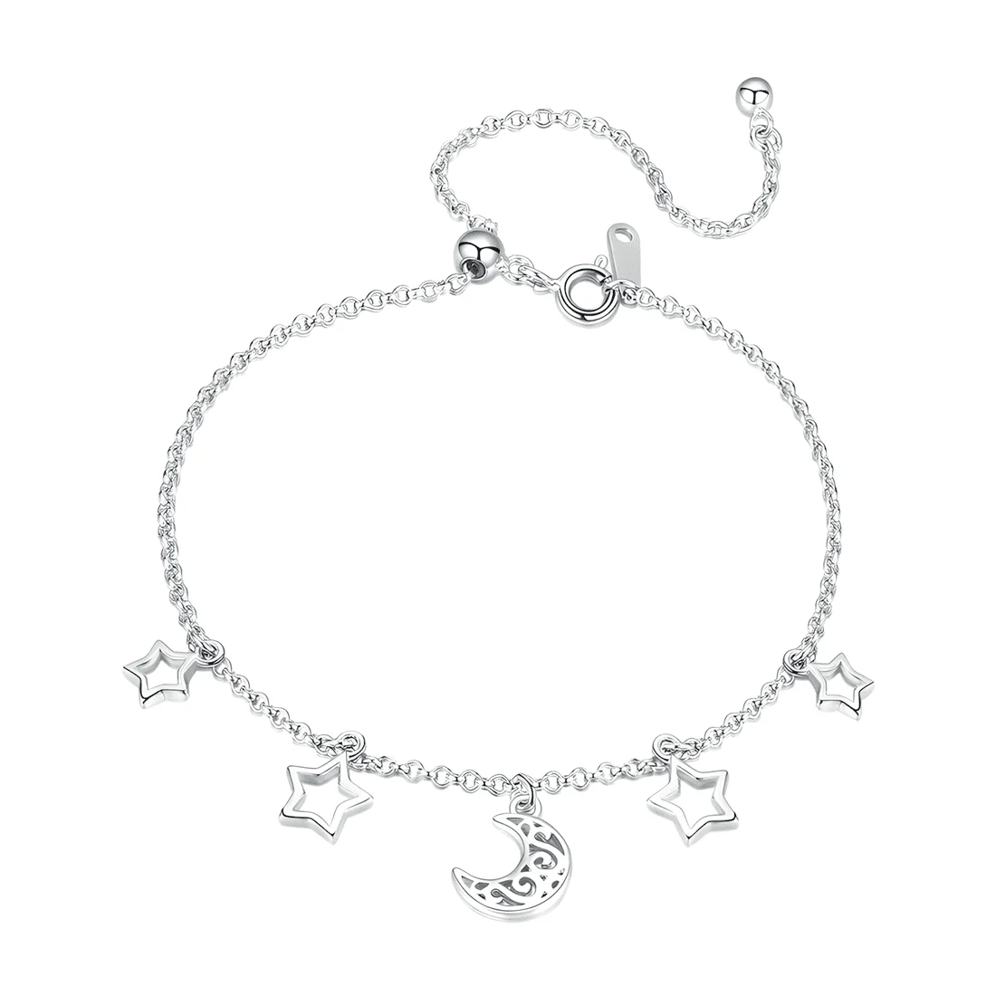 Pulsera de Luna y Estrellas <myexti><span>Plata de Ley 925, chapada en oro blanco, con colgantes y longitud ajustable</span></myexti>