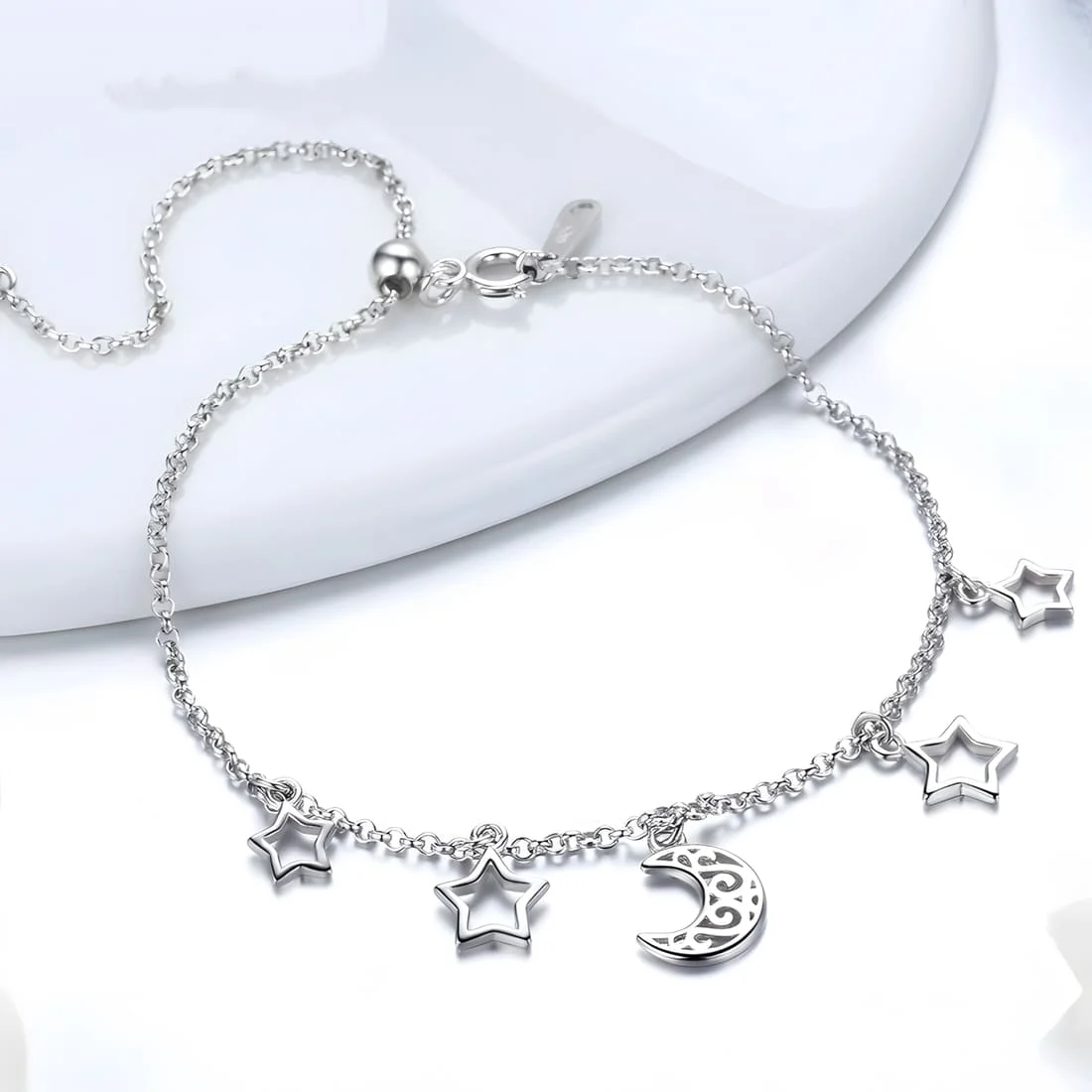 Pulsera de Luna y Estrellas <myexti><span>Plata de Ley 925, chapada en oro blanco, con colgantes y longitud ajustable</span></myexti> - Imagen 3
