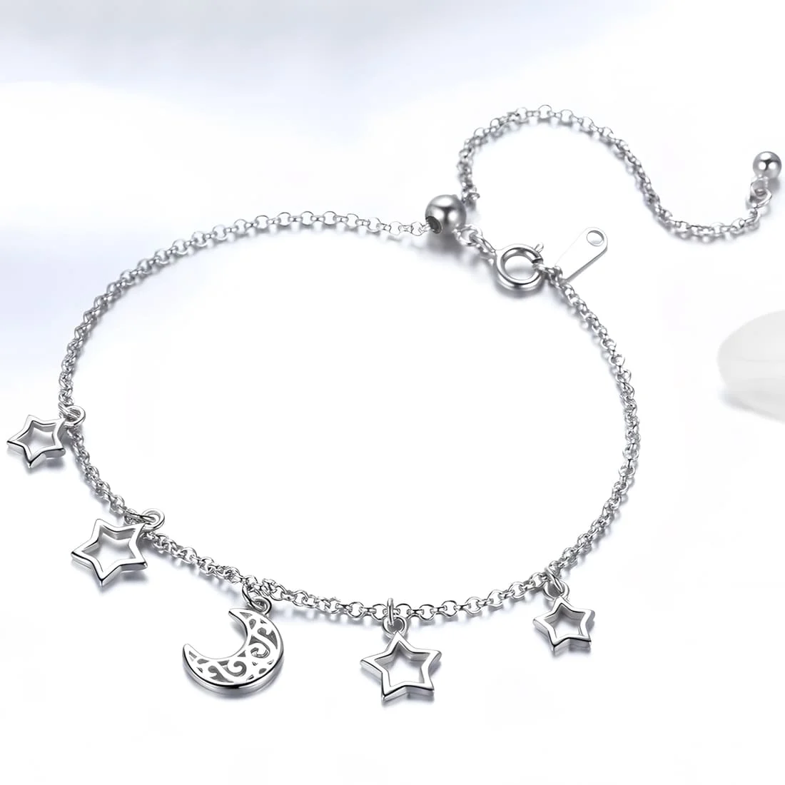 Pulsera de Luna y Estrellas <myexti><span>Plata de Ley 925, chapada en oro blanco, con colgantes y longitud ajustable</span></myexti> - Imagen 4