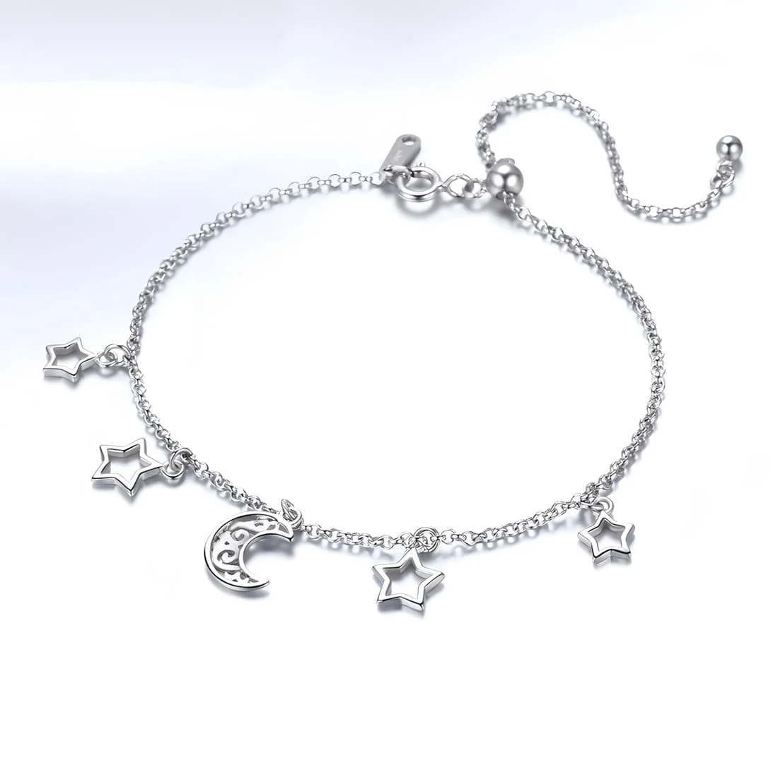 Pulsera de Luna y Estrellas <myexti><span>Plata de Ley 925, chapada en oro blanco, con colgantes y longitud ajustable</span></myexti> - Imagen 5