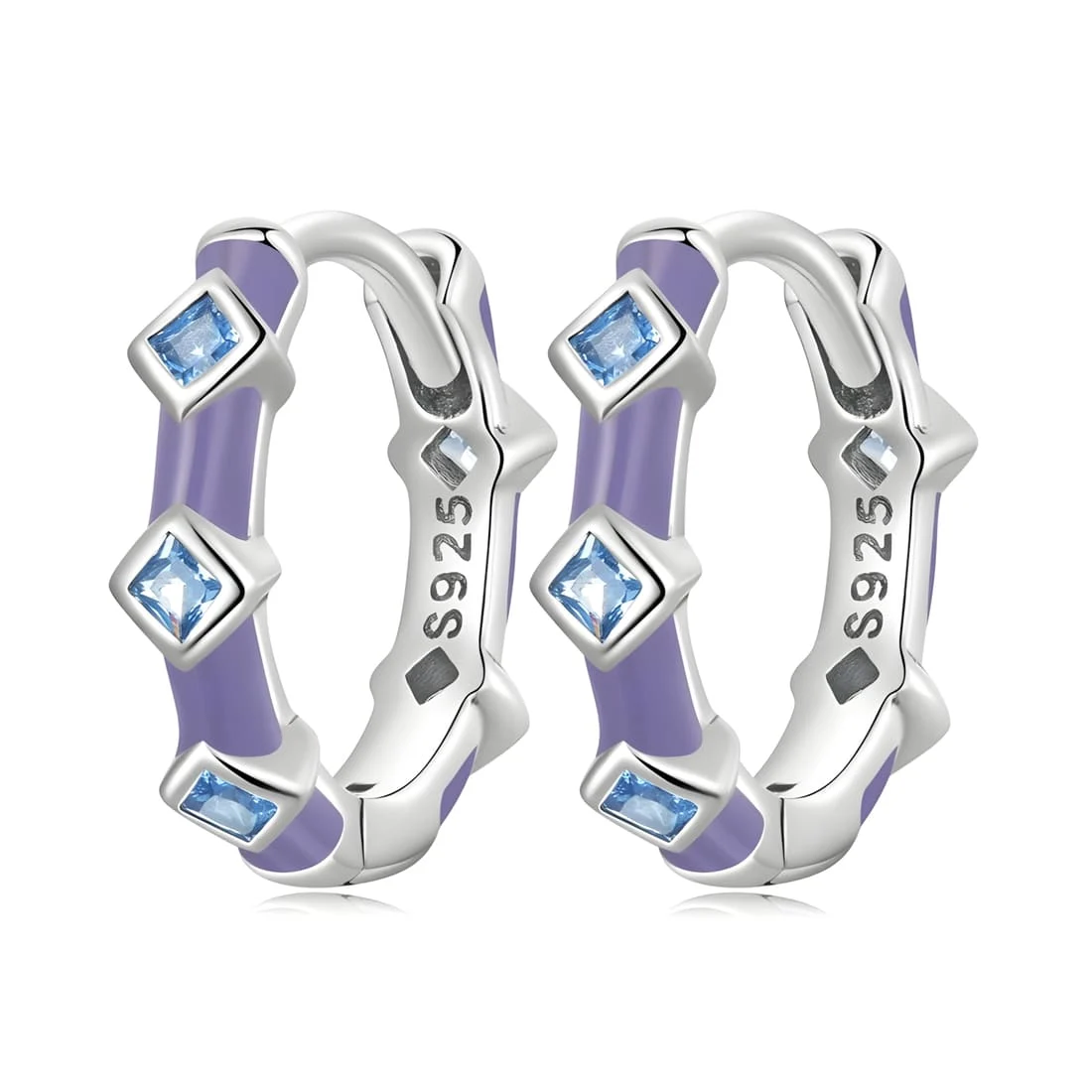 Pendientes de Aro Púrpura <myexti><span>Plata de Ley 925, chapada en oro blanco, con esmalte púrpura y circonitas azul claro</span></myexti>
