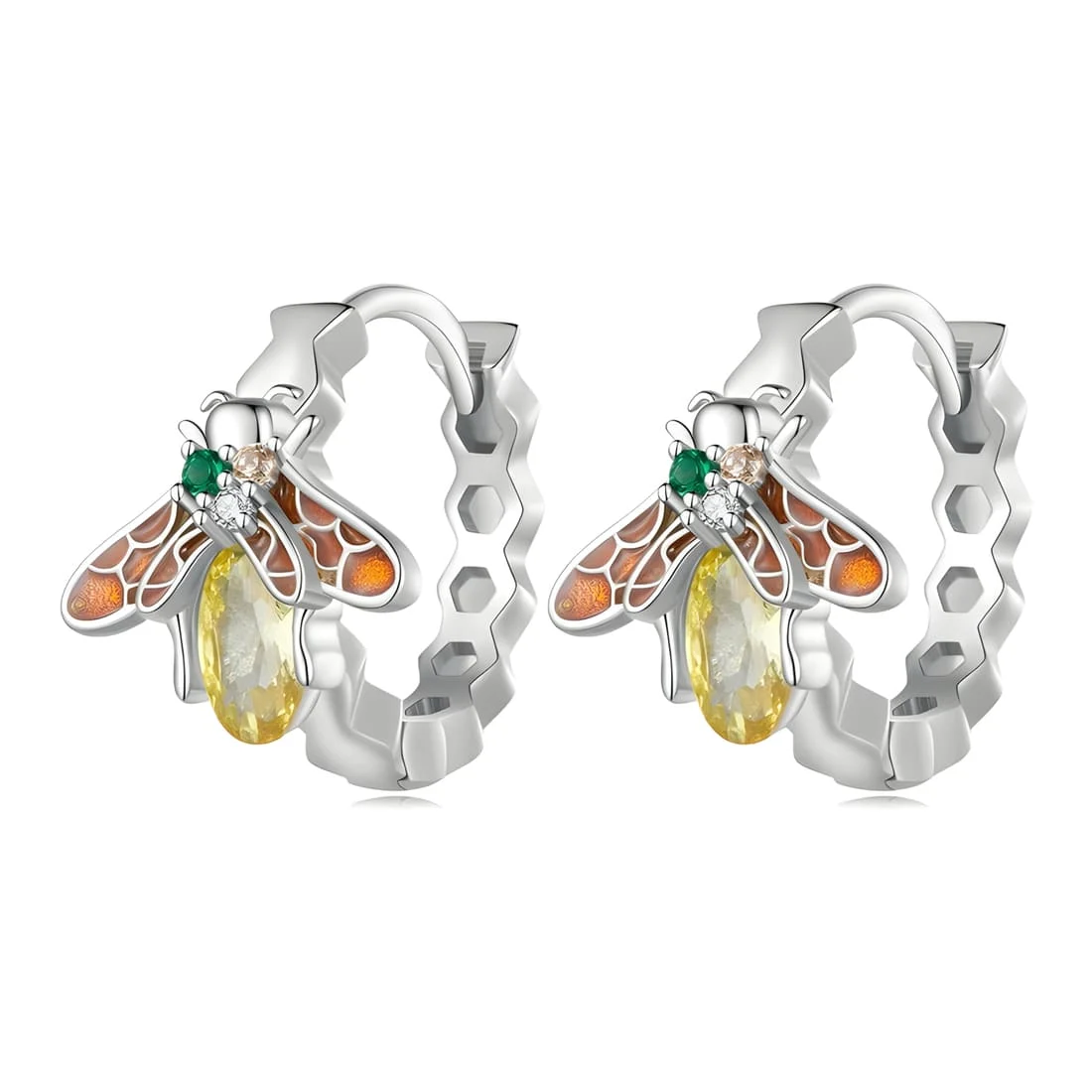 Pendientes de Aro con Abejas <myexti><span>Plata de Ley 925, chapada en oro blanco, con circonitas de colores</span></myexti>