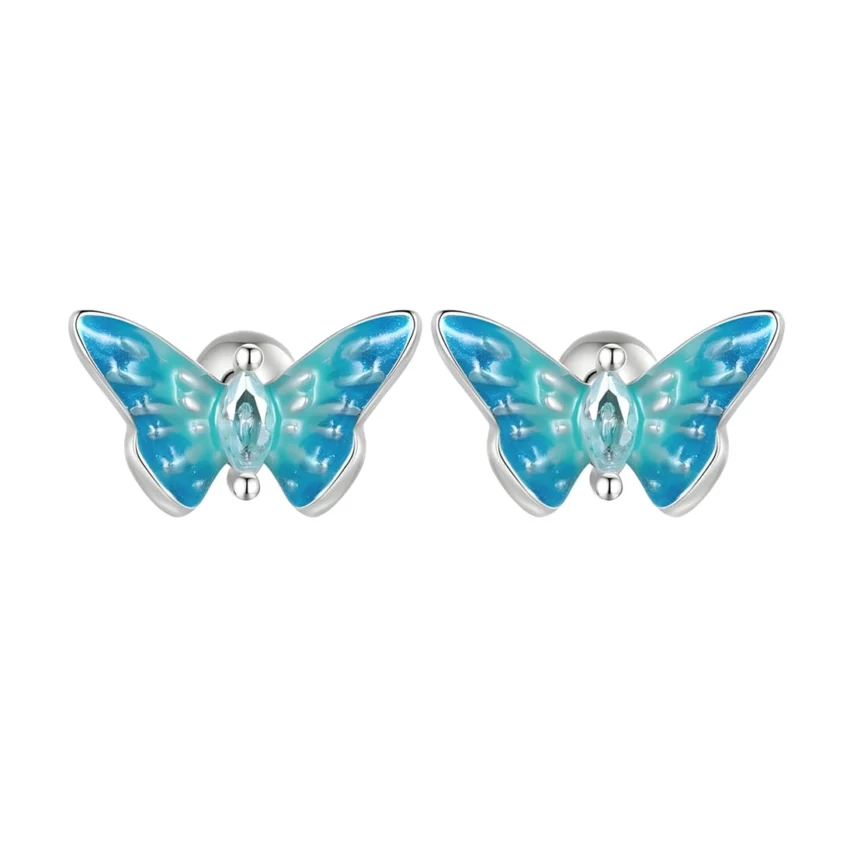 Pendientes de Botón Mariposa Azul <myexti><span>Plata de Ley 925, chapada en oro blanco, esmaltado a mano, con circonitas azul claro</span></myexti>