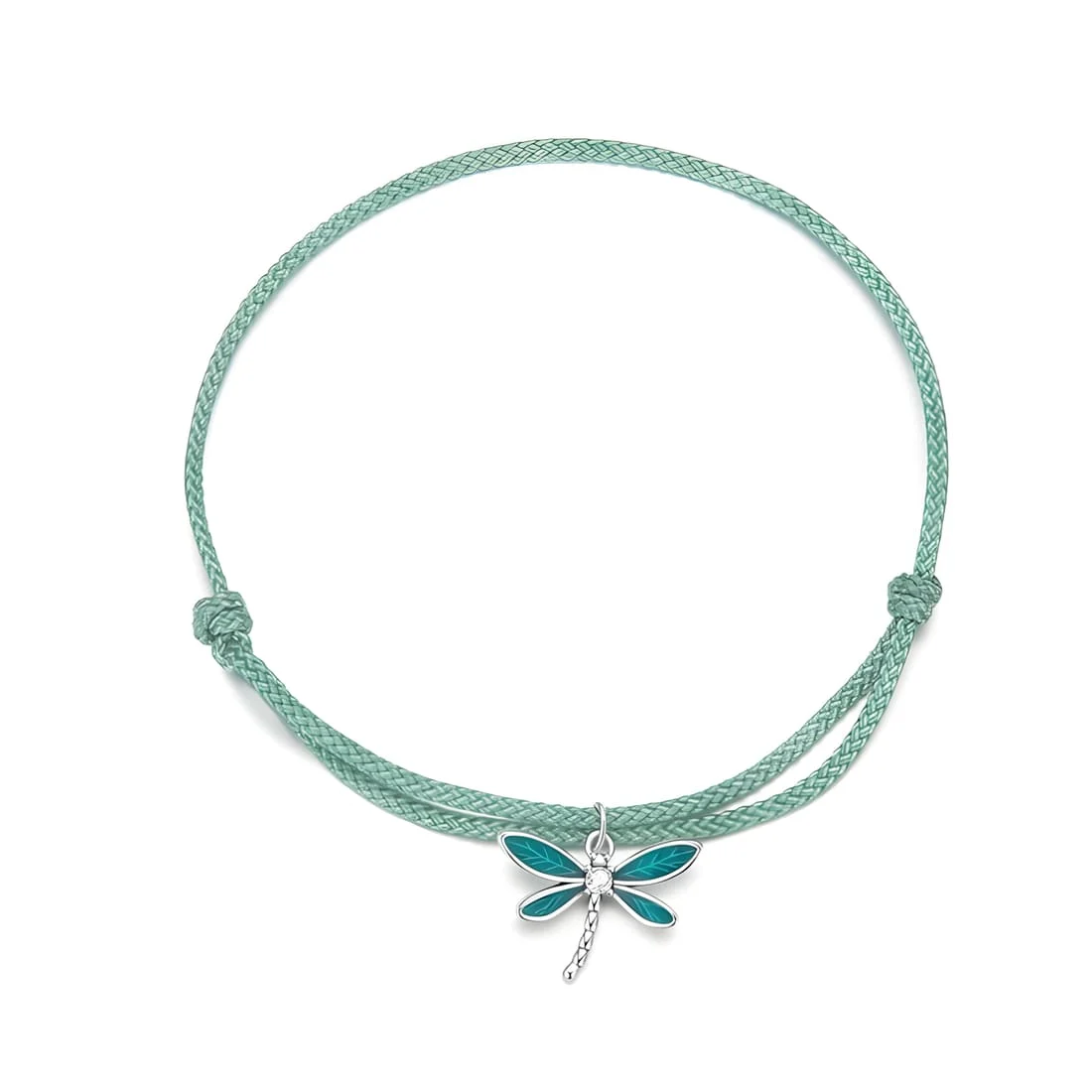 Pulsera Libélula <myexti><span>Plata de Ley 925, chapada en oro blanco, esmalte verde y circonitas, con cuerda marinera verde - ajustable</span></myexti>