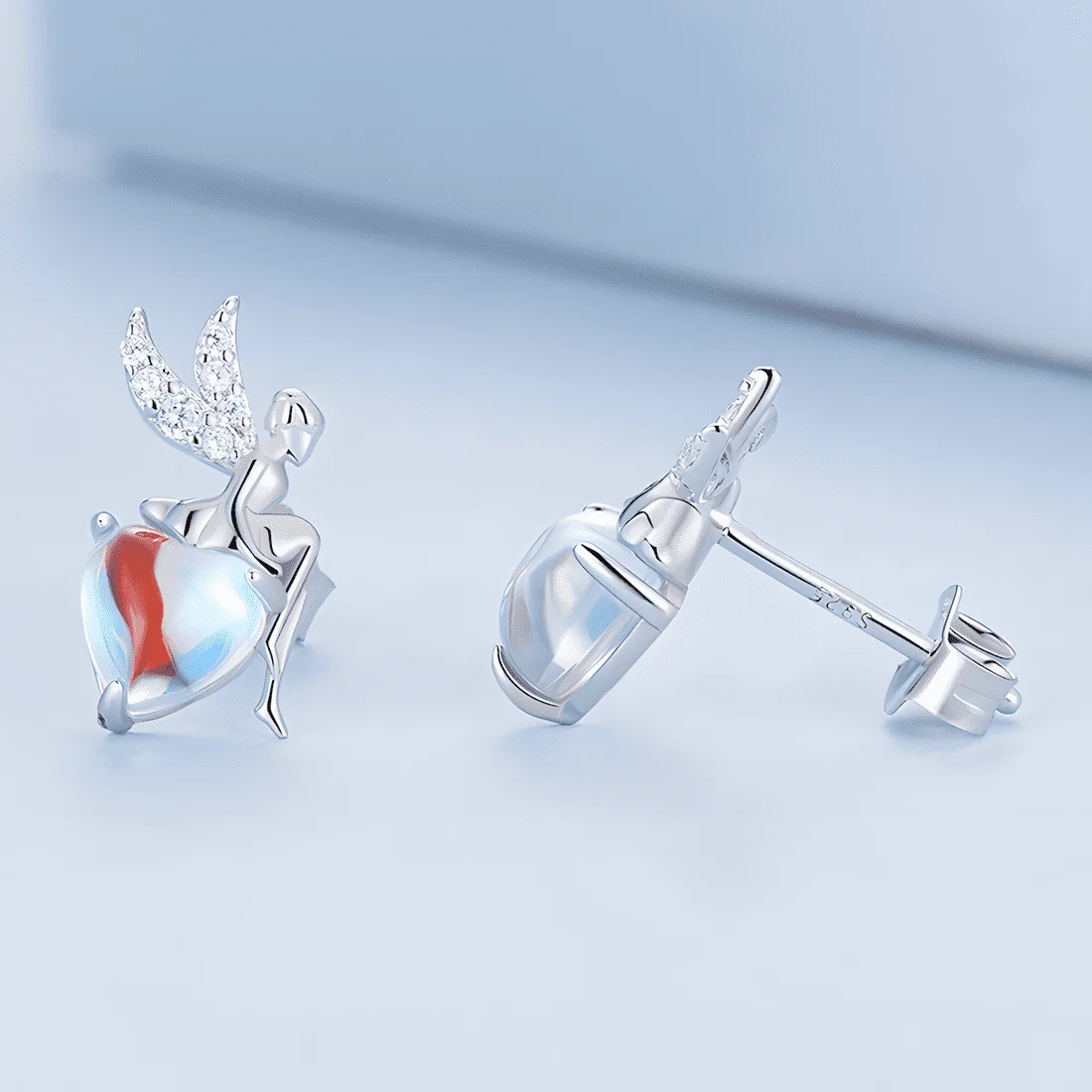 Pendientes de Botón Hada con Corazones <myexti><span>Plata de Ley 925, chapada en oro blanco, con circonitas y cristales azules</span></myexti> - Imagen 2