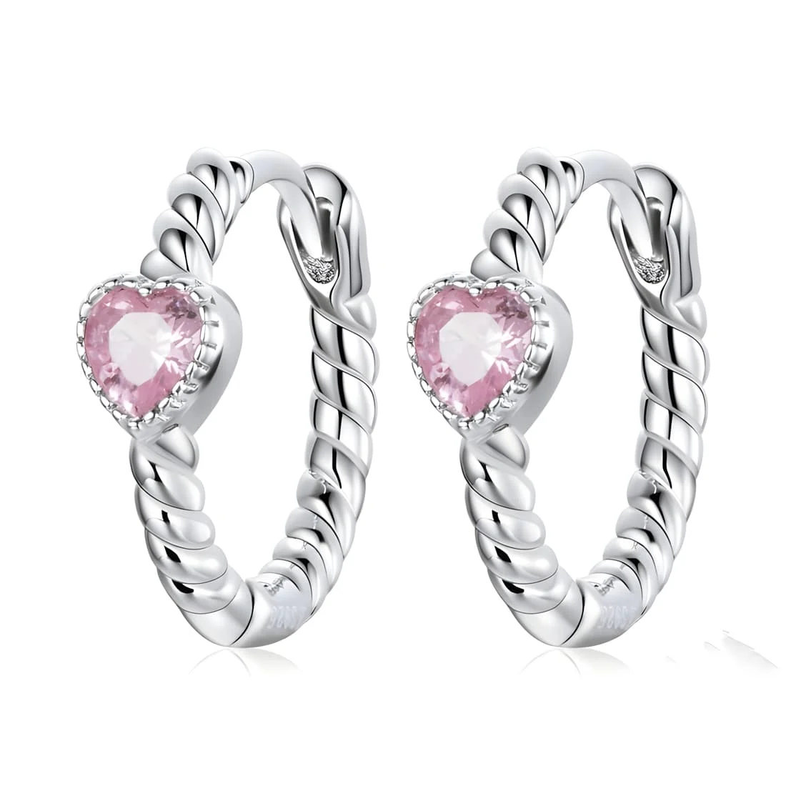 Pendientes de Aro Torcido con Corazones Rosas <myexti><span>Plata de Ley 925, chapada en oro blanco, con circonitas en forma de corazón rosado</span></myexti>